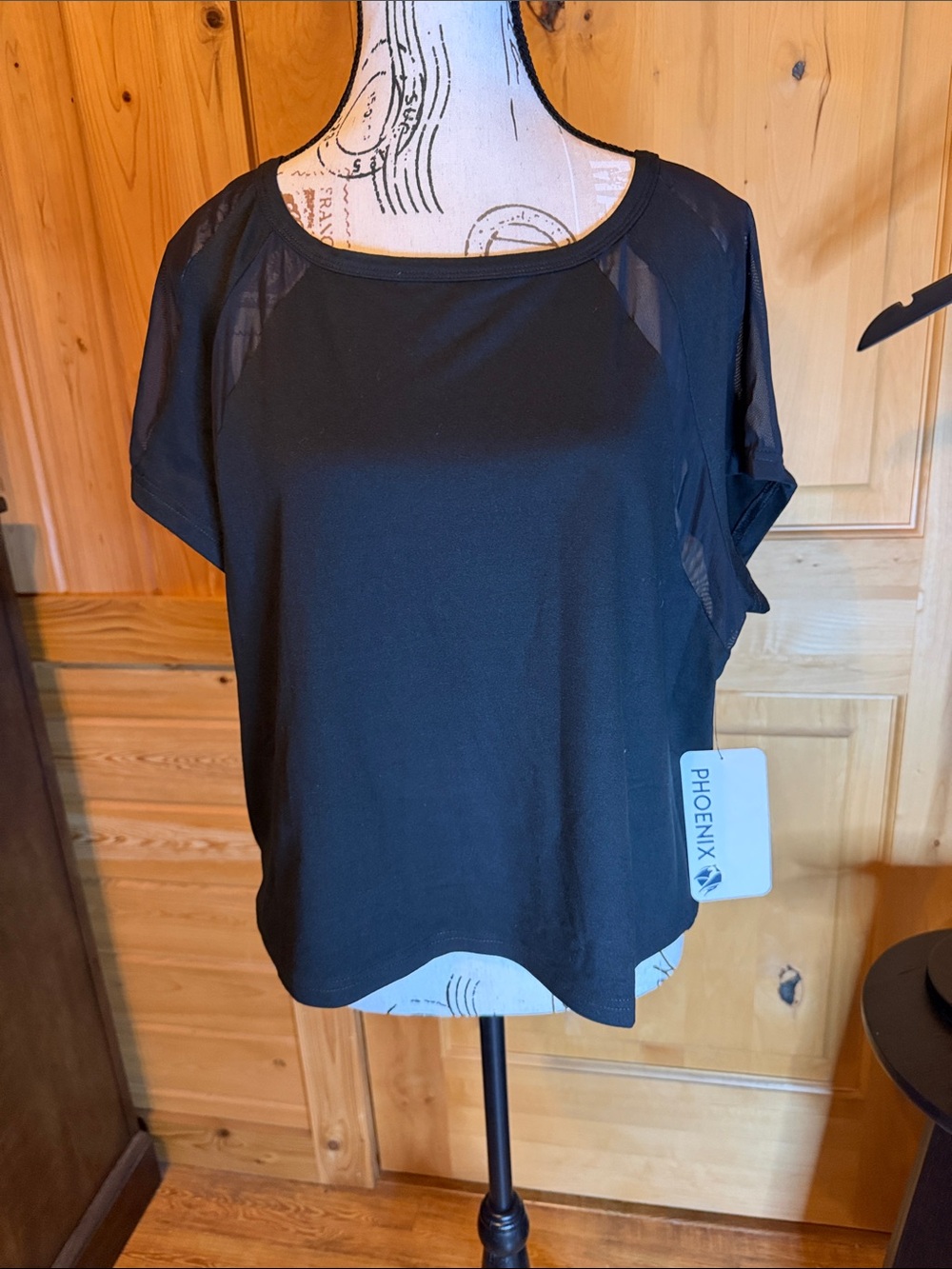 Phoenix Black Short Sleeve Crop Tee with Sheer Mesh Panels
